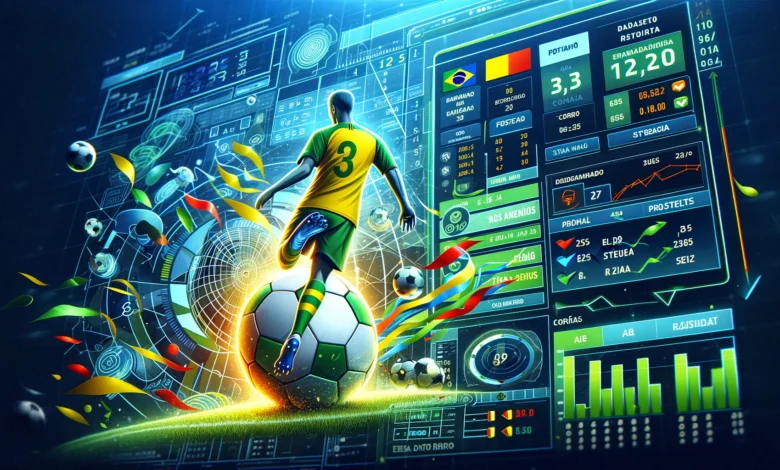 Homem com camisa do brasil, jogando futebol e fazendo aposta esportiva