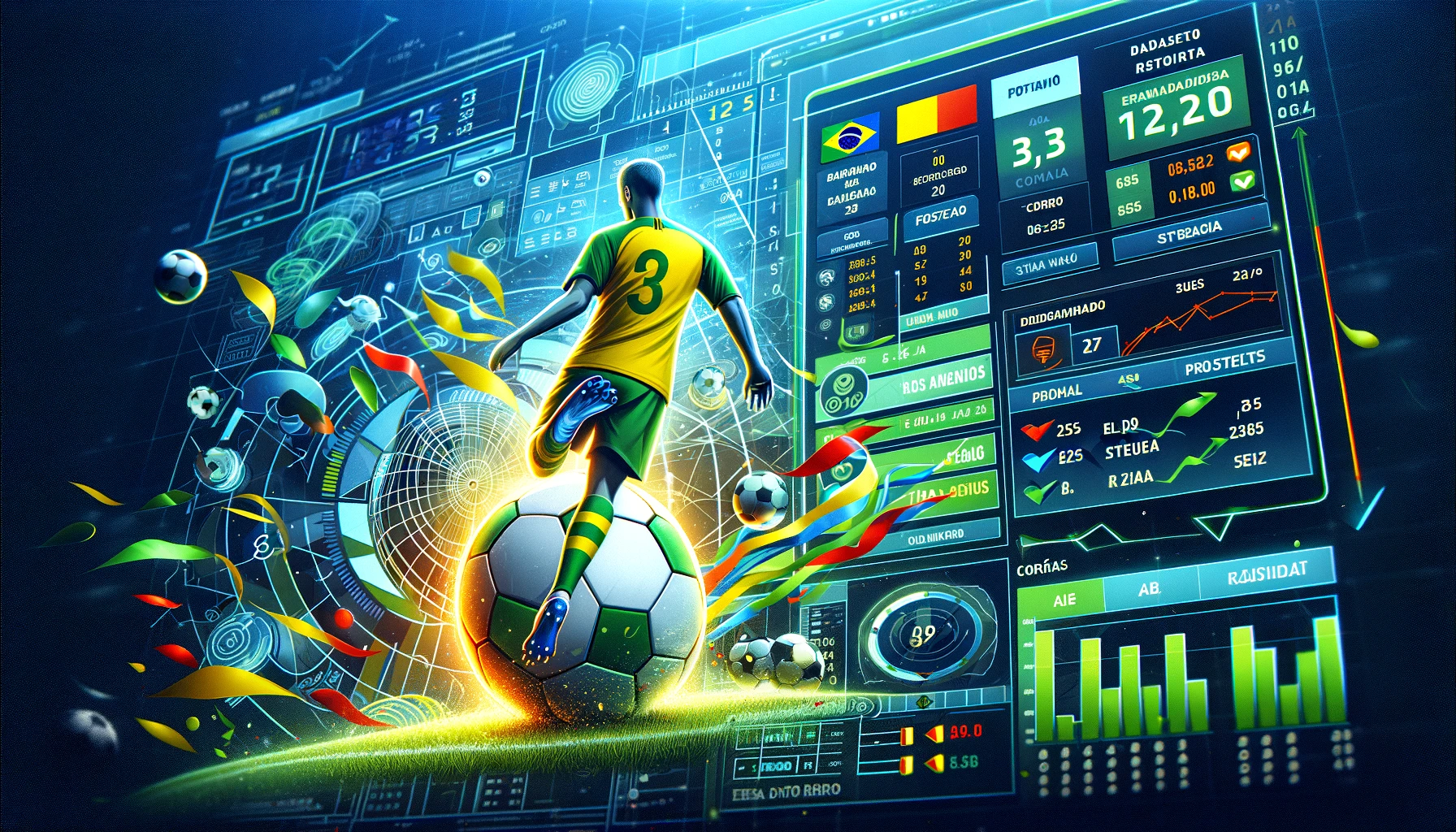 Homem com camisa do brasil, jogando futebol e fazendo aposta esportiva