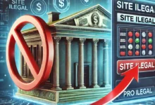 a building with columns and a red arrow pointing to a sign