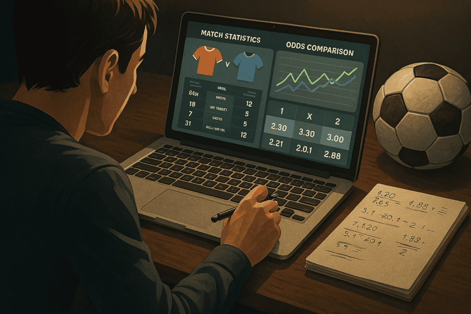 homem no computador analisando as estatisticas e odds de uma partida