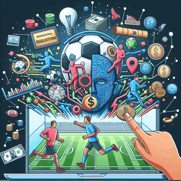 Ilustração de uma bola, campo de futebol e dinheiro