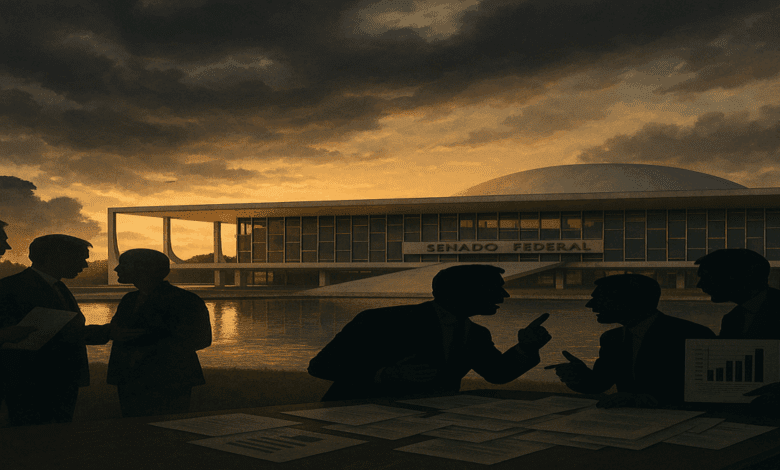 imagem do senado ao fundo com homens conversando na frente