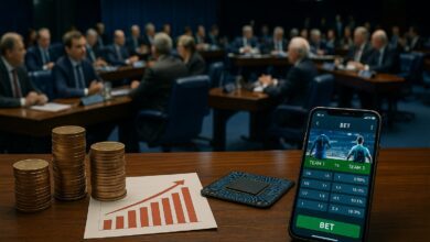 Imagem com o senado ao fundo e um celular com uma bet