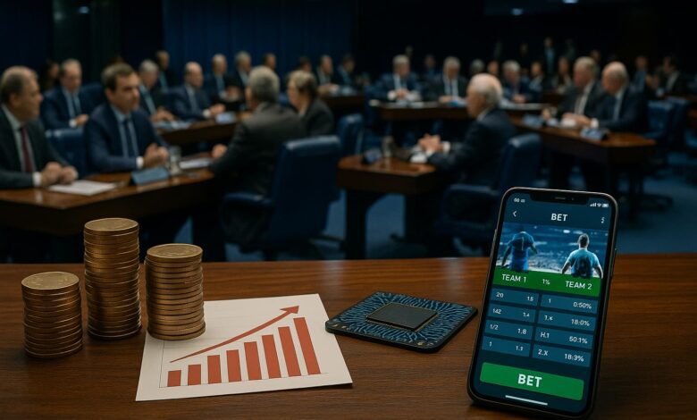 Imagem com o senado ao fundo e um celular com uma bet