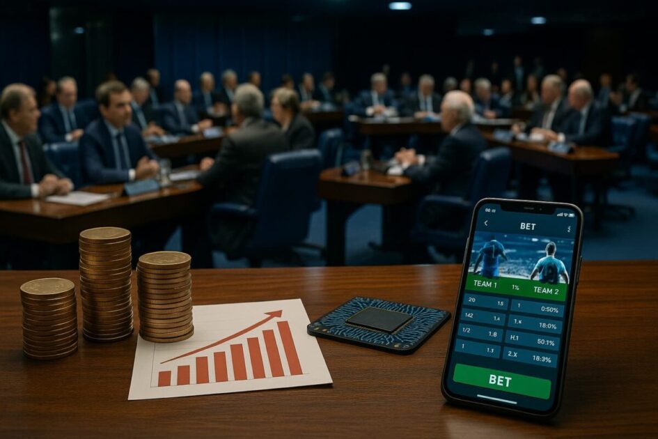 Imagem com o senado ao fundo e um celular com uma bet