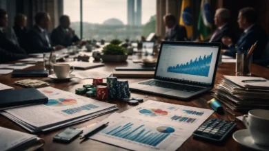 Hugo Motta afirma que CIDE-Bets foi retirada do PL Antifacção por “incompatibilidade técnica” 3 um computador com graficos e planilhas, enquanto politicos disutem ao fundo desfocados