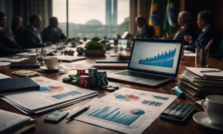 Hugo Motta afirma que CIDE-Bets foi retirada do PL Antifacção por “incompatibilidade técnica” 8 um computador com graficos e planilhas, enquanto politicos disutem ao fundo desfocados