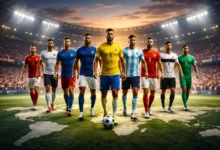 Jogadores em campo, com uniforme das principais seleçoes da copa 2026