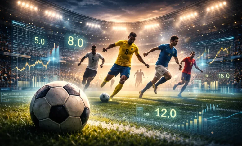 imagem ficticia de jogadores em um campo com odds em todos lugares