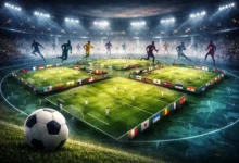 times de futebol em campo, simulando os grupos da copa do mundo