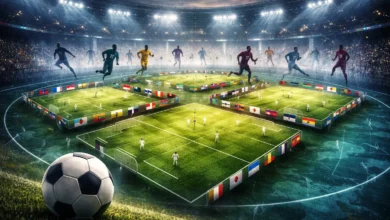 Grupos da Copa do Mundo 2026 5 times de futebol em campo, simulando os grupos da copa do mundo