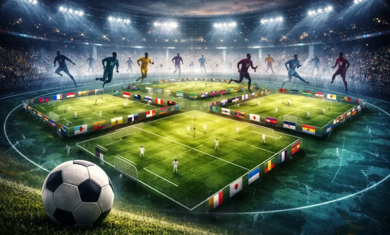 times de futebol em campo, simulando os grupos da copa do mundo