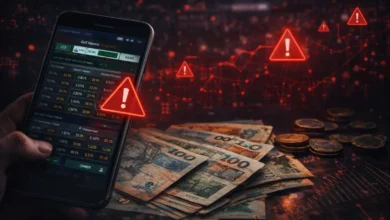 Bets ilegais representam quase metade do setor e arrecadam até R$ 40 bilhões por ano 2 smartphone com site de apostas suspeito e dinheiro brasileiro representando crescimento das bets ilegais no Brasil