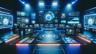 Estúdio de produção de comercial de TV com interfaces de IA, tecnologia de broadcast moderno e displays holográficos