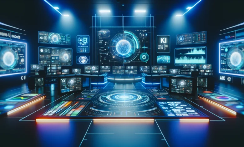 Estúdio de produção de comercial de TV com interfaces de IA, tecnologia de broadcast moderno e displays holográficos