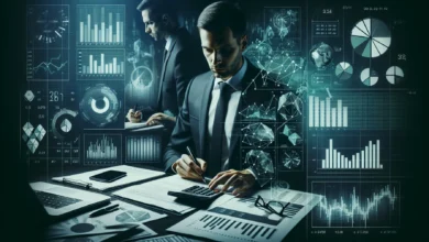 Análise de dados sobre apostas online e inadimplência: documentos financeiros, gráficos estatísticos e interface digital em composição editorial.