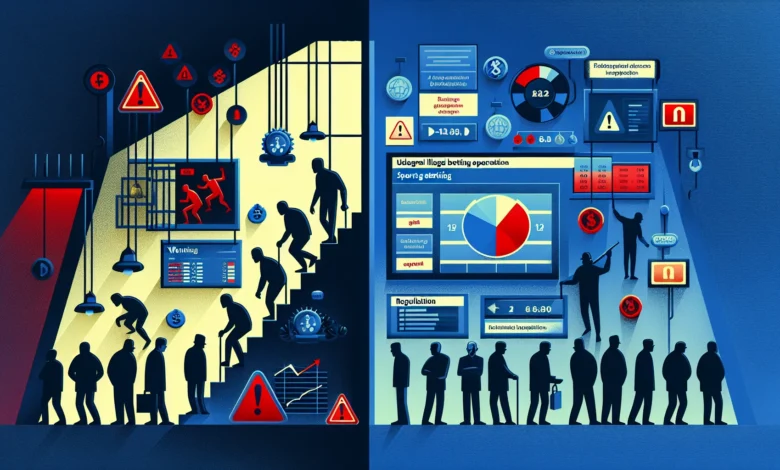 Ilustração editorial mostrando mercado de apostas ilegais versus plataformas regulamentadas no Brasil