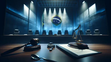 Sala de justiça com documentos legais e martelo do juiz, simbolizando decisão de bloqueio de conta em plataforma de apostas
