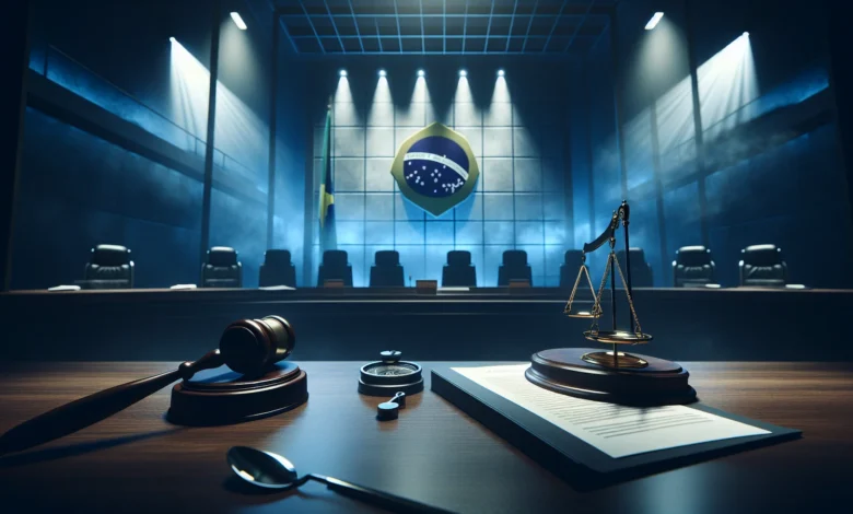 Sala de justiça com documentos legais e martelo do juiz, simbolizando decisão de bloqueio de conta em plataforma de apostas