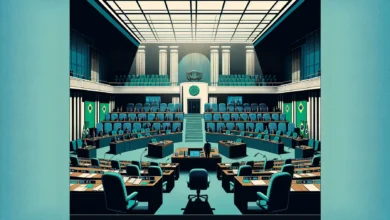 Câmara legislativa com iluminação dramática, documentos sobre mesa e pódio de debates, representando discussão sobre regulação de publicidade de apostas