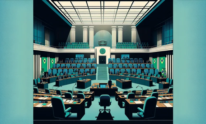 Câmara legislativa com iluminação dramática, documentos sobre mesa e pódio de debates, representando discussão sobre regulação de publicidade de apostas