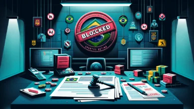 Documento oficial com carimbo de bloqueio vermelho representando a ação do governo contra empresas ilegais de apostas