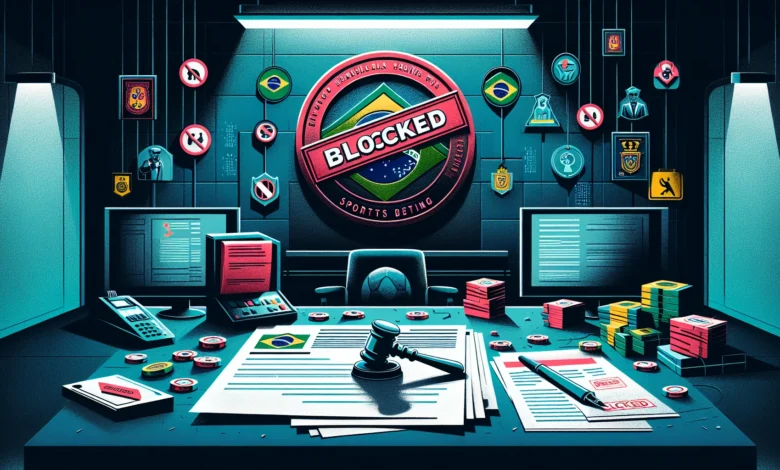 Documento oficial com carimbo de bloqueio vermelho representando a ação do governo contra empresas ilegais de apostas