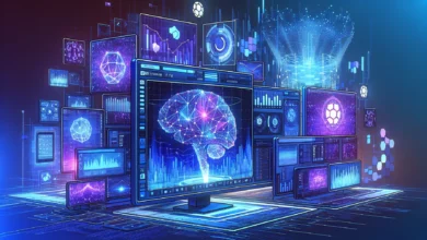 Interface digital mostrando algoritmos de inteligência artificial com padrões de redes neurais em azul e roxo, representando IA no iGaming