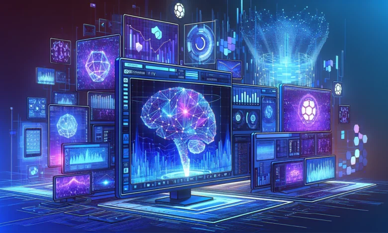 Interface digital mostrando algoritmos de inteligência artificial com padrões de redes neurais em azul e roxo, representando IA no iGaming