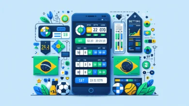 Ilustração de guia sobre iGaming no Brasil mostrando interface de apostas em smartphone com odds e ícones de esportes