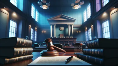 Martelo de juiz em mesa de tribunal com livros de direito, representando decisão judicial sobre marca Aviator