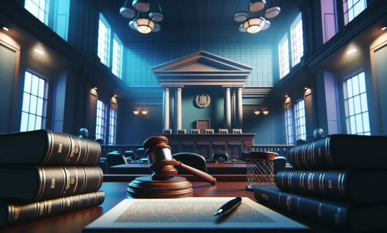 Martelo de juiz em mesa de tribunal com livros de direito, representando decisão judicial sobre marca Aviator