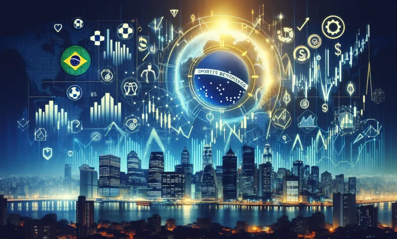 Gráficos de crescimento financeiro e skyline de cidade europeia iluminada, representando recorde do mercado de apostas