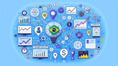 Ilustração plana sobre mercados de previsão com ícones de regulação, nós conectados e símbolos de mercado digital em cores azul e roxo.