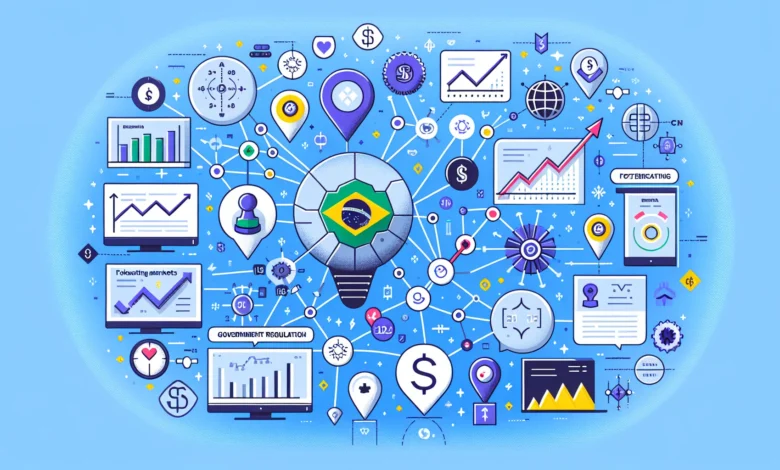 Ilustração plana sobre mercados de previsão com ícones de regulação, nós conectados e símbolos de mercado digital em cores azul e roxo.
