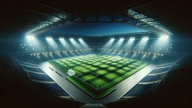 Estádio com iluminação noturna dramática, campo sintético iluminado, atmosfera de clássico do Brasileirão