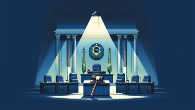 Câmara legislativa com documentos oficiais e martelo, representando debate sobre regulação de apostas