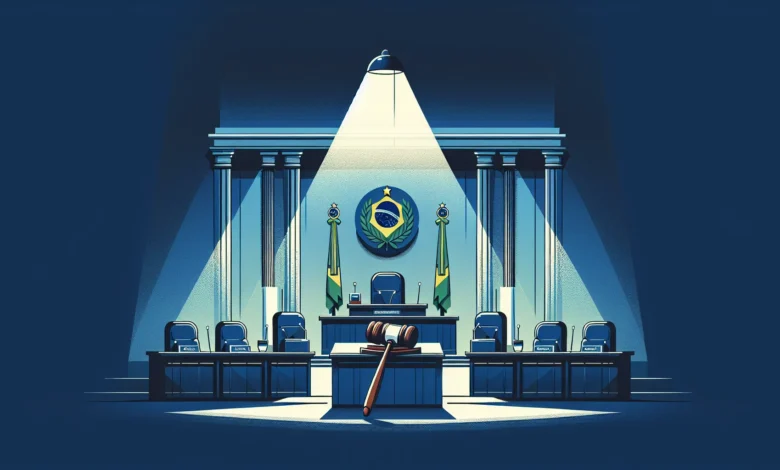 Câmara legislativa com documentos oficiais e martelo, representando debate sobre regulação de apostas