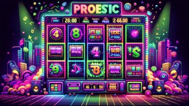 Tela do slot Funky Fortunez da PG Soft com grade 4x4, tema hip-hop neon e símbolos de prêmios progressivos brilhantes.