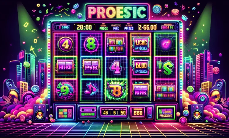 Tela do slot Funky Fortunez da PG Soft com grade 4x4, tema hip-hop neon e símbolos de prêmios progressivos brilhantes.