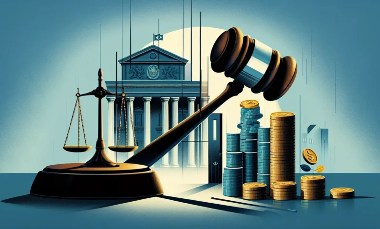 Ilustração editorial sobre tributação de apostas online com gavel e moedas, simbolizando políticas fiscais do governo