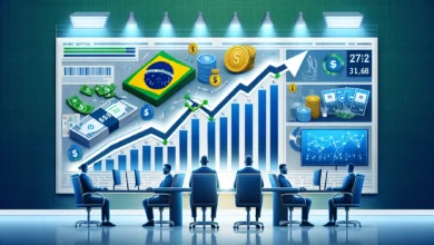 Gráfico de crescimento financeiro com barras ascendentes representando aumento de gastos em publicidade de apostas, símbolos de moeda brasileira