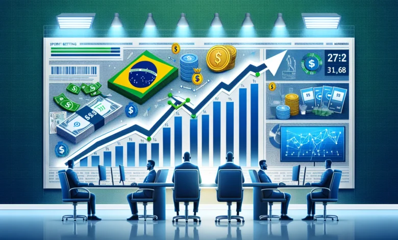 Gráfico de crescimento financeiro com barras ascendentes representando aumento de gastos em publicidade de apostas, símbolos de moeda brasileira