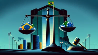 Balança entre fichas de apostas digitais e martelo de lei, simbolizando debate sobre regulação de bets no Brasil