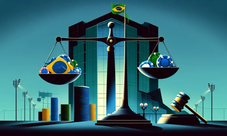Balança entre fichas de apostas digitais e martelo de lei, simbolizando debate sobre regulação de bets no Brasil