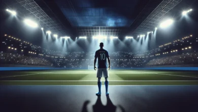 Estádio de futebol iluminado à noite, representando Santos x Bahia, com atmosfera de jogo importante.