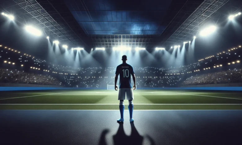 Estádio de futebol iluminado à noite, representando Santos x Bahia, com atmosfera de jogo importante.