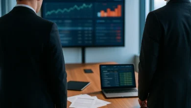apostas legais — Dois profissionais sem rosto discutem regulação de apostas diante de tela com interface de bets