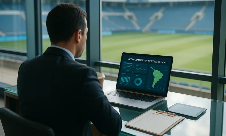 Vista de costas de um profissional diante de um laptop com painel de apostas genérico; campo de futebol ao f