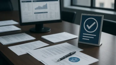 regulacao bets — Mesa de trabalho regulatória com documentos oficiais, caneta e monitor com gráficos de monitoramento de apos